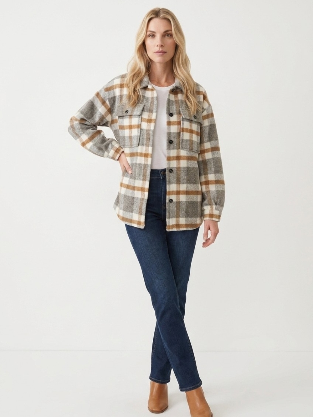 Fore Women's XLG Plaid Wool Blend Button Front Jacket Grey Tan Cream